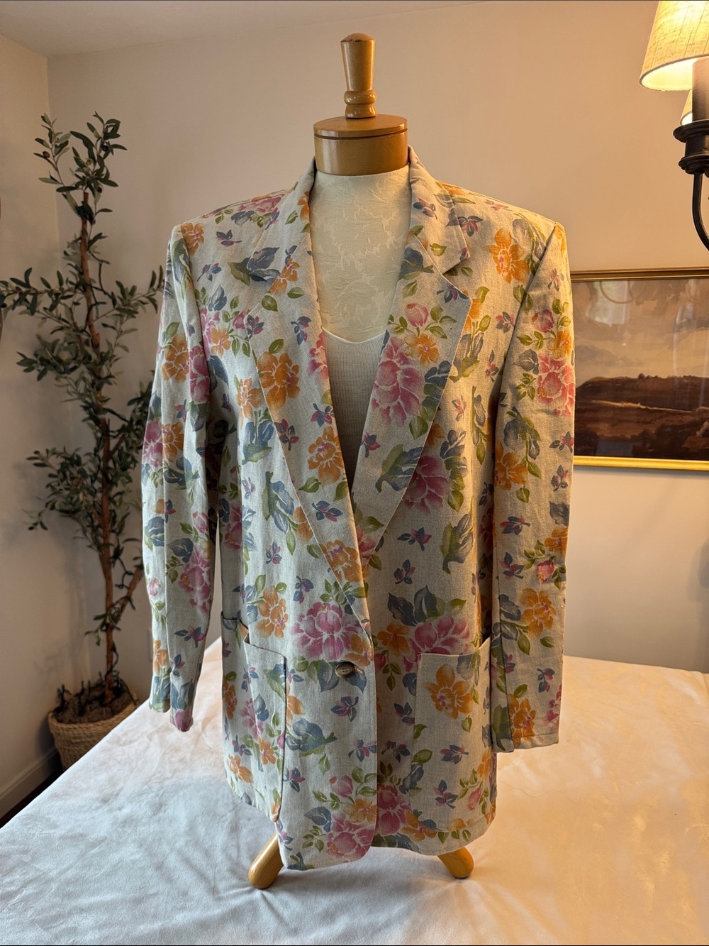 Vintage LL Bean Floral Pastel Linen-Blend Blazer - Cream Multi, sz 12 - Picture 2 of 13
